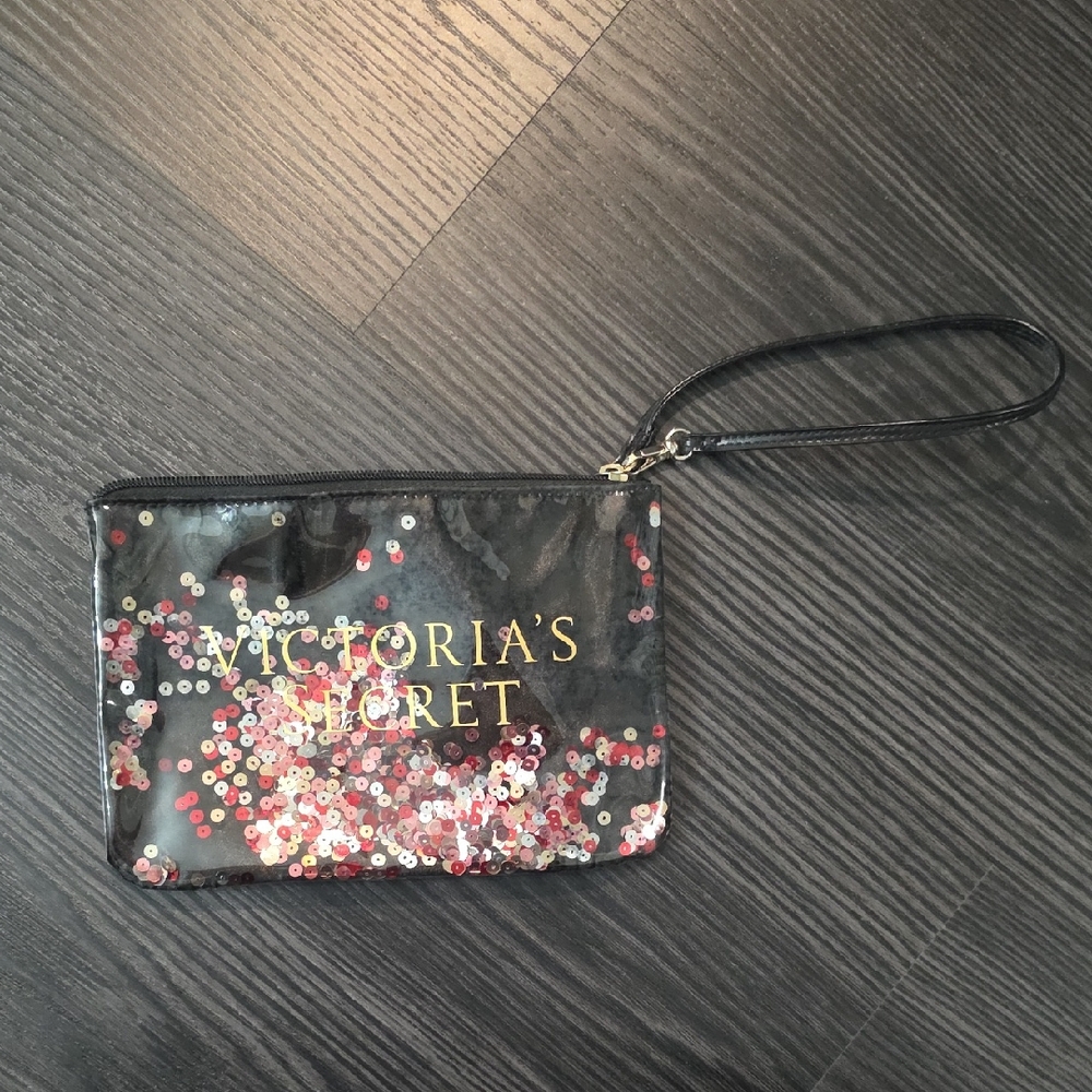 Victoria's Secret Black Sequin Wristlet with Pink & Gold Accents